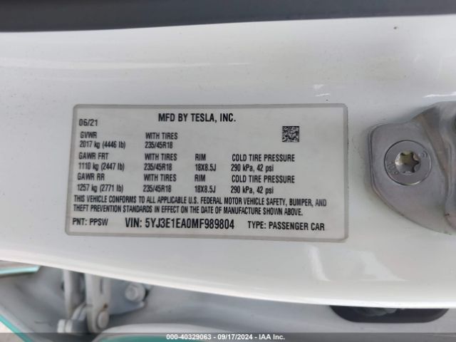 5YJ3E1EA0MF989804 Tesla Model 3 Standard Range Plus Rear-wheel Drive