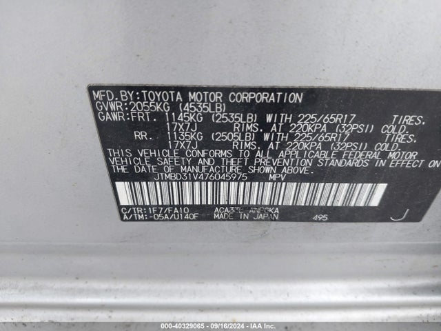 Aukcja sprzedaży 2007 Toyota Rav4 Limited, vin: JTMBD31V476045975, numer aukcji: 40329065