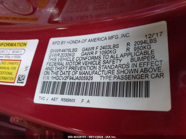 1HGCV2F94JA005926 Honda Accord Touring 2.0t