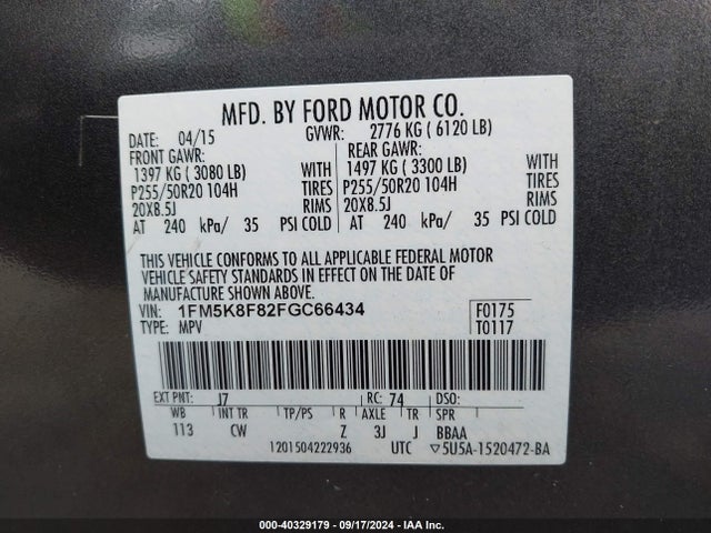 Ford Explorer Limited 2015 1FM5K8F82FGC66434 Image 9