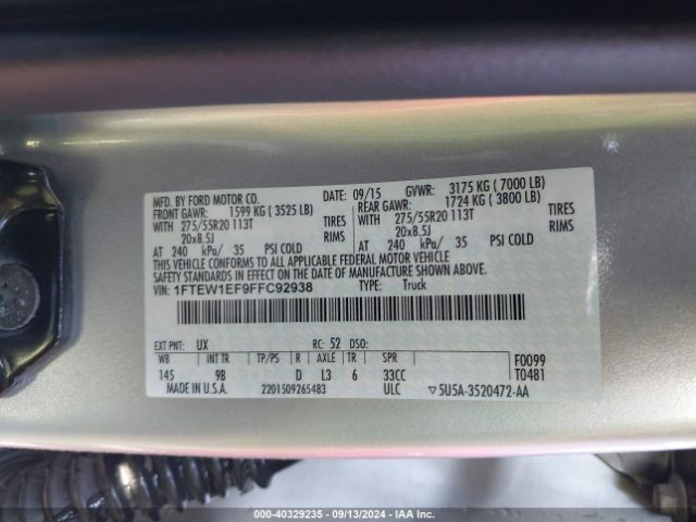 1FTEW1EF9FFC92938 Ford F-150 Platinum