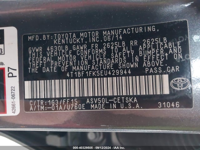 Toyota CAMRY SE 2014 4T1BF1FK5EU429944 Image 9