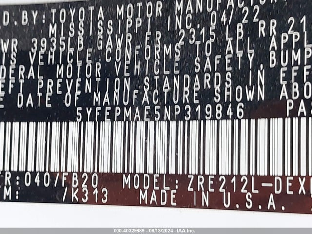 Toyota COROLLA LE 2022 5YFEPMAE5NP319846 Image 9