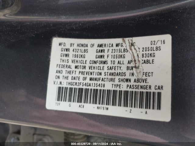 Honda Accord Sport 2016 1HGCR2F54GA135408 Image 9