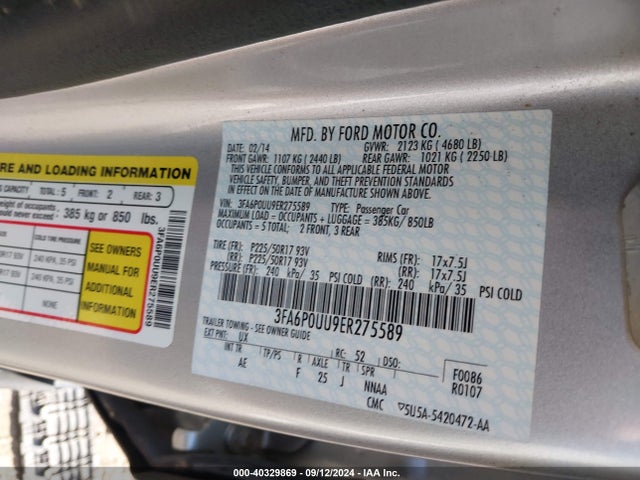 Ford Fusion Hybrid S 2014 3FA6P0UU9ER275589 Image 9