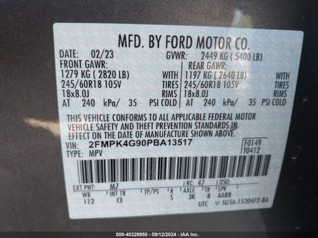 2FMPK4G90PBA13517 Ford EDGE SE