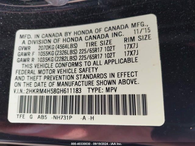 Honda CR-V EX 2016 2HKRM4H58GH611183 Image 9