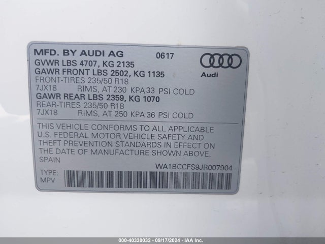 WA1BCCFS9JR007904 Audi Q3 2.0t Premium/2.0t Sport Premium