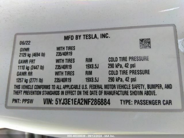 5YJ3E1EA2NF286884 Tesla MODEL 3