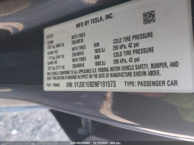 5YJ3E1EB2NF191573 Tesla Model 3 Long Range Dual Motor All-wheel Drive