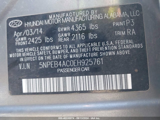 Hyundai SONATA GLS 2014 5NPEB4AC0EH925761 Image 9
