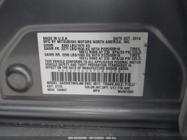 4A4AP3AU4FE012501 Mitsubishi Outlander Sport Es