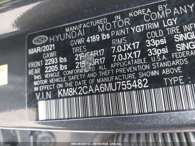 Hyundai Kona Sel 2021 KM8K2CAA6MU755482 Image 9