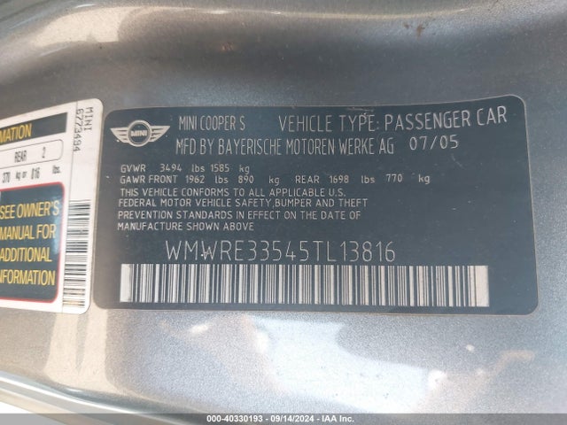 2005 MINI COOPER S WMWRE33545TL13816 Photo 8