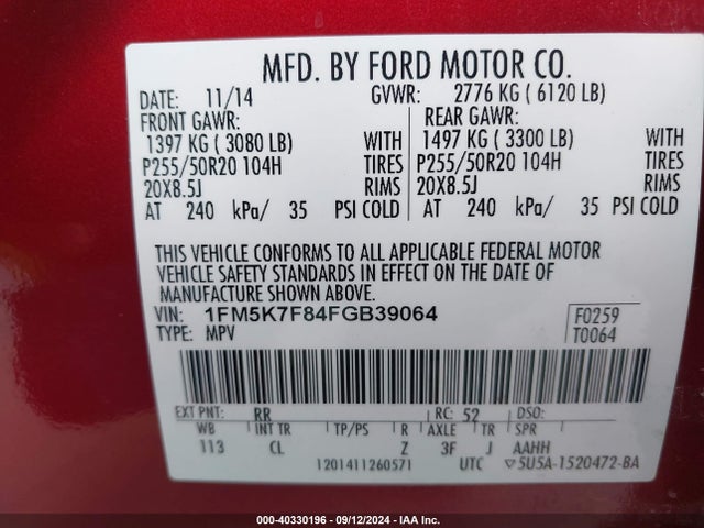 Ford Explorer Limited 2015 1FM5K7F84FGB39064 Image 9