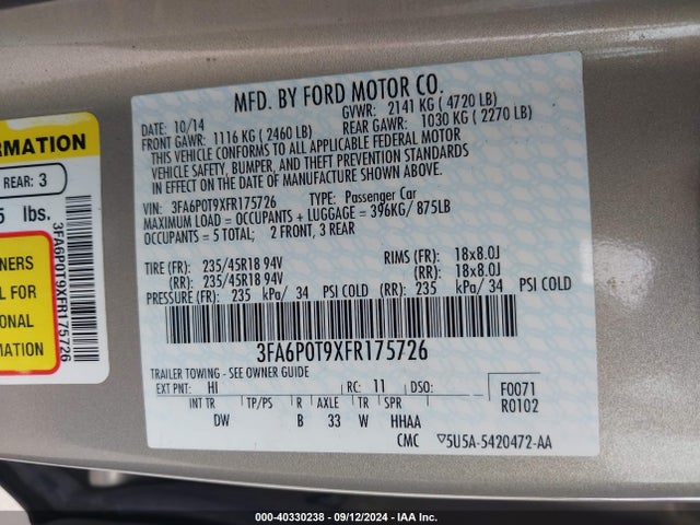 Aukcja sprzedaży 2015 Ford Fusion Se, vin: 3FA6P0T9XFR175726, numer aukcji: 40330238