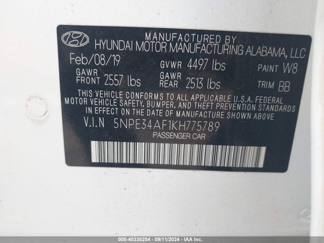 Hyundai SONATA SEL 2019 5NPE34AF1KH775789 Image 9