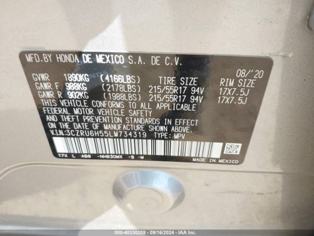 3CZRU6H55LM734319 Honda Hr-v Awd Ex