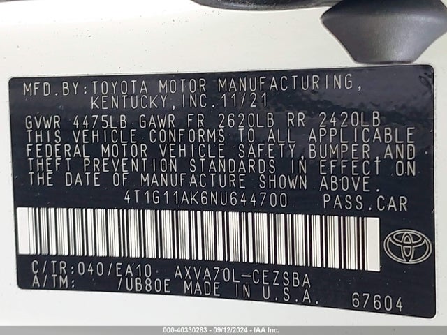 Toyota CAMRY SE 2022 4T1G11AK6NU644700 Image 9
