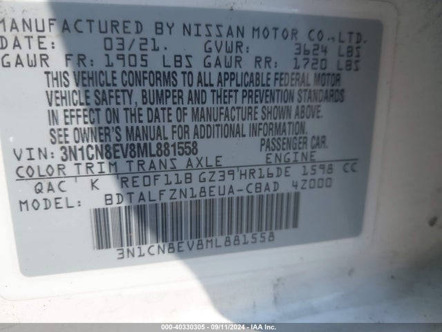 Nissan Versa Sv Xtronic Cvt 2021 3N1CN8EV8ML881558 Image 9