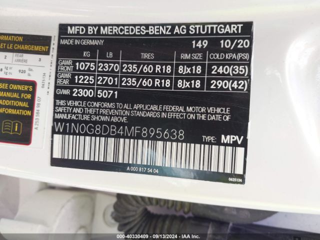 W1N0G8DB4MF895638 Mercedes-Benz Glc 300 Suv