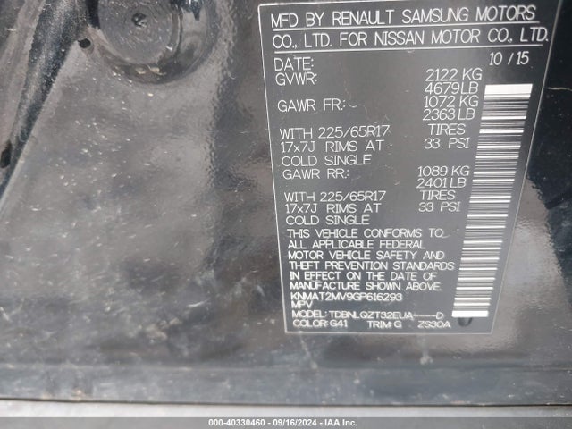 Nissan Rogue S/sl/sv 2016 KNMAT2MV9GP616293 Image 9