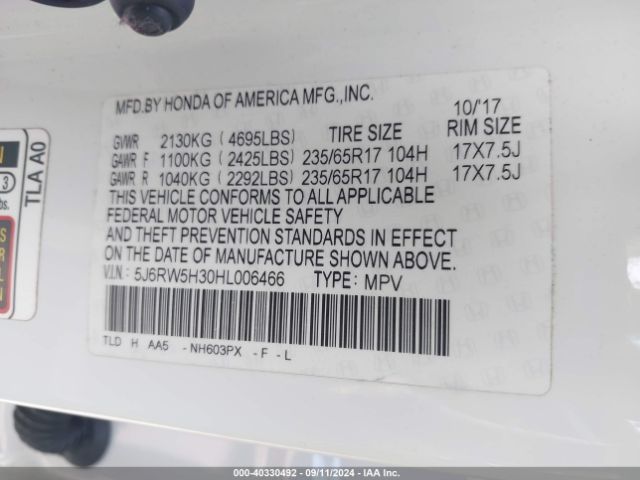 5J6RW5H30HL006466 Honda CR-V LX