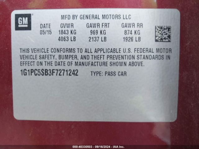 1G1PC5SB3F7271242 Chevrolet Cruze 1lt Auto