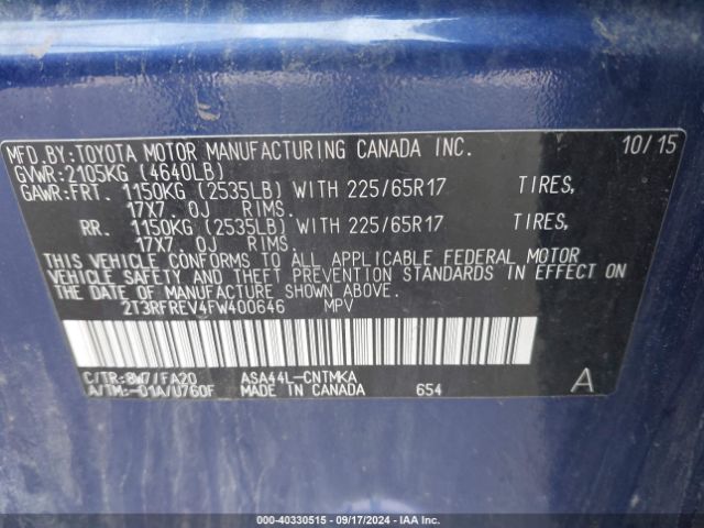 2T3RFREV4FW400646 Toyota Rav4 Xle