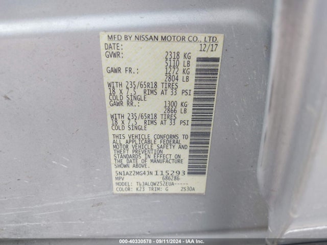 Nissan MURANO SV 2018 5N1AZ2MG4JN115293 Image 9
