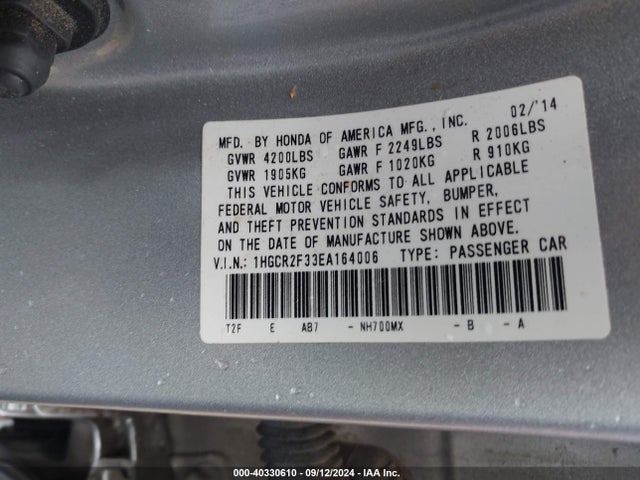 Honda ACCORD LX 2014 1HGCR2F33EA164006 Image 9