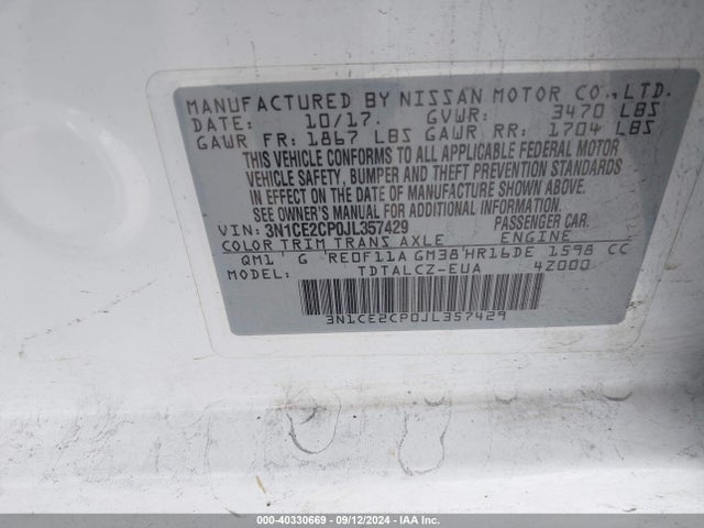 3N1CE2CP0JL357429 Nissan Versa Note S