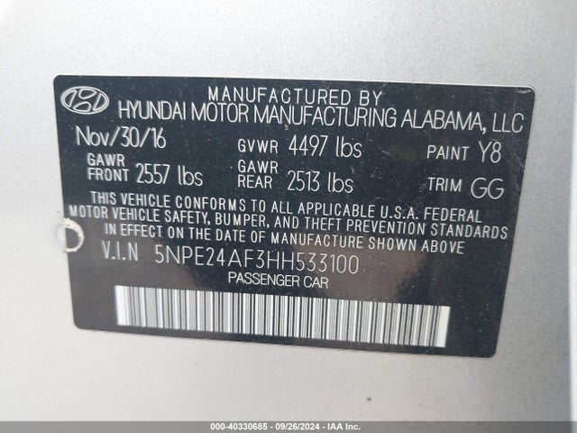 Hyundai Sonata 2017 5NPE24AF3HH533100 Image 9