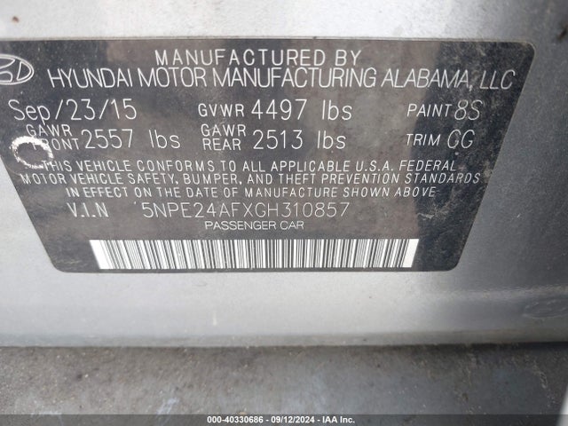 Hyundai SONATA SE 2016 5NPE24AFXGH310857 Image 9