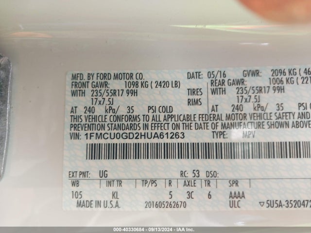 Ford ESCAPE SE 2017 1FMCU0GD2HUA61263 Image 9
