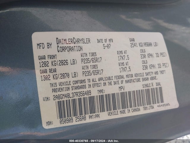Aukcja sprzedaży 2007 Chrysler Pacifica, vin: 2A8GM48L37R356489, numer aukcji: 40330765
