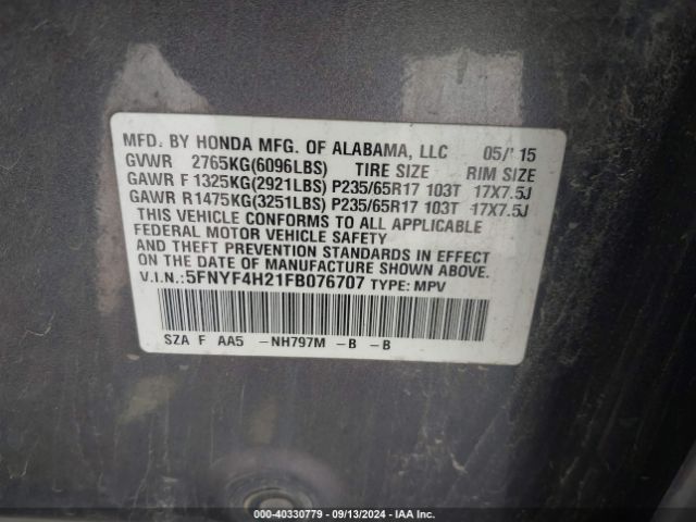 5FNYF4H21FB076707 Honda PILOT LX