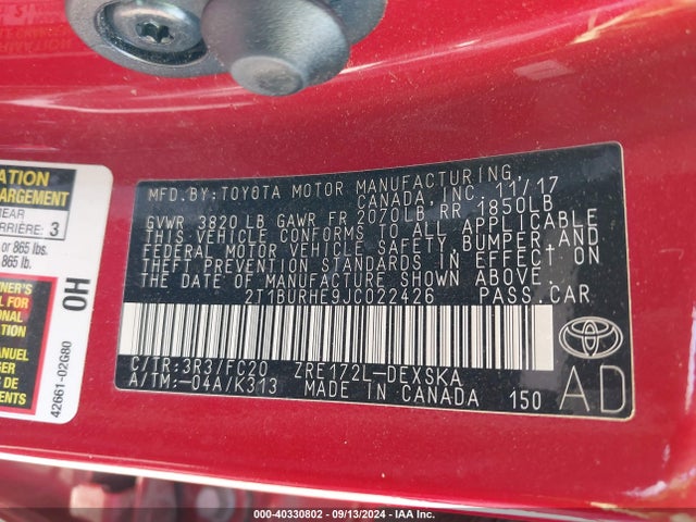 Toyota COROLLA SE 2018 2T1BURHE9JC022426 Image 9