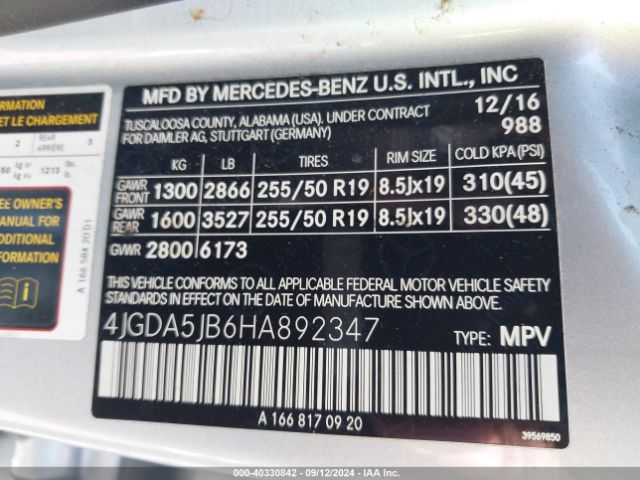 4JGDA5JB6HA892347 Mercedes-Benz GLE 350