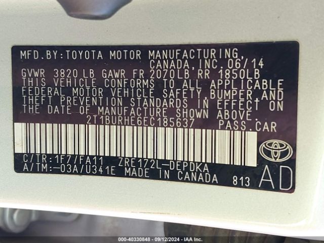 2T1BURHE6EC185637 Toyota COROLLA L