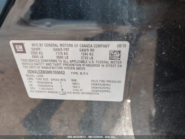Chevrolet EQUINOX LT 2017 2GNALCEK9H6169662 Image 9