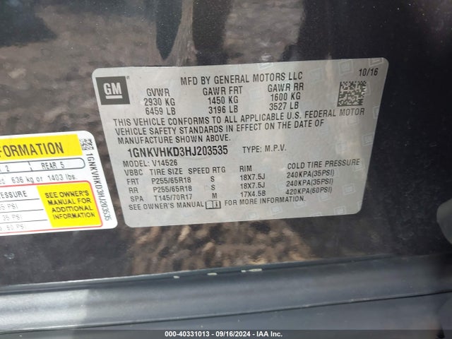 Chevrolet Traverse 2lt 2017 1GNKVHKD3HJ203535 Image 9