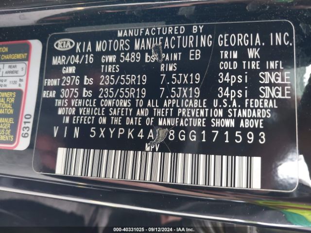 5XYPK4A58GG171593 KIA Sorento 3.3l Sxl