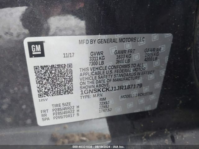 1GNSKCKJ1JR187179 Chevrolet Tahoe Premier