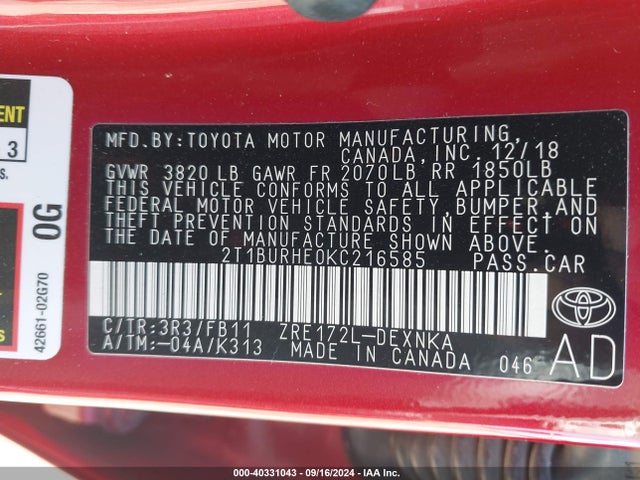 Toyota COROLLA LE 2019 2T1BURHE0KC216585 Image 9
