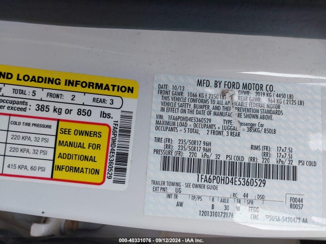 Ford FUSION SE 2014 1FA6P0HD4E5360529 Image 9
