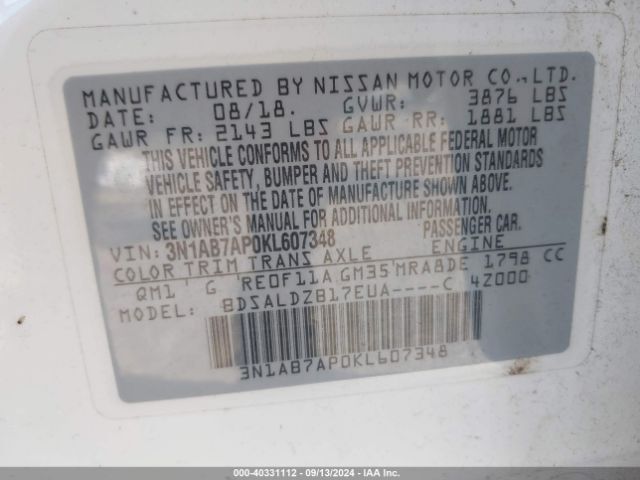 3N1AB7AP0KL607348 Nissan SENTRA SV