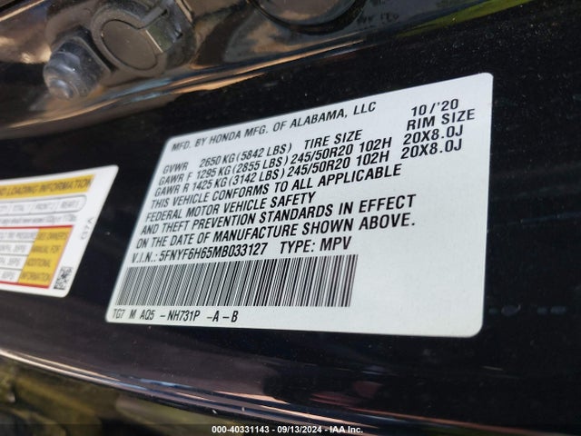 Honda Pilot Awd Touring 7 Passenger 2021 5FNYF6H65MB033127 Image 9