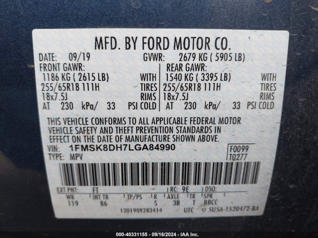 1FMSK8DH7LGA84990 Ford EXPLORER XLT