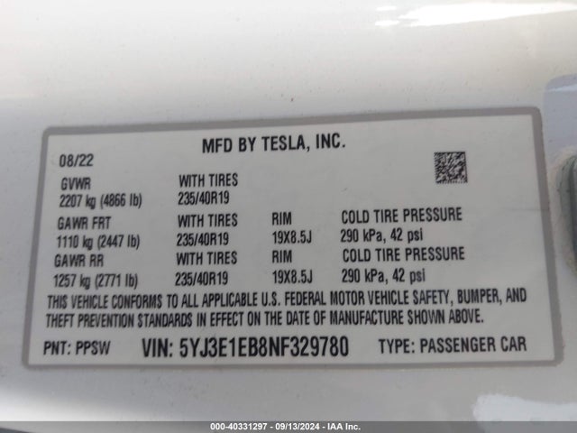 2022 TESLA MODEL 3 5YJ3E1EB8NF329780 Photo 8